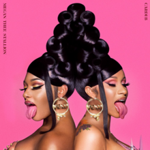 Cover art for "WAP": portrait of Cardi B and Megan Thee Stallion leaning against each other, set to a hot pink background. Both of them have their eyes closed and their tongues sticking out, wearing tall, black wigs that look identical.