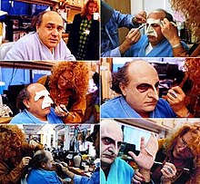 A collage of photos depicting the application of makeup and prosthetics to Danny DeVito's face to play the Penguin