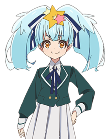Anime character Lily Hoshikawa, a young female child with bright blue hair done in two large pigtails, and a blue and white ribbon punctuated by a star accessory. She is dressed in a green and white colored Japanese school uniform with a white skirt, and is placing her left hand on her hip.