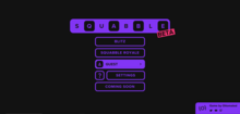 Over a black background, there is the Squabble logo consisting of purple and black squares, buttons below it, and a purple rectangle at the bottom right corner of the screen.