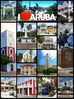 Clockwise: Townhall, I Love Aruba sign, Royal Plaza, Plaza Simon Bolivar, Plaza Betico Croes, Tram in center of the town, Census Building, Plaza Daniel Leo, Willem III tower. Center clockwise: Wilhelmina Park, Archeological Museum, Ecury House, Protestant church, Aruban Courthouse, San Francisco church