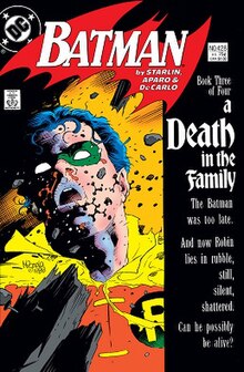 The lifeless body of Jason Todd (Robin), covered in blood and wearing a tattered red, green, and yellow costume. The word "Batman" appears above with a bat-shaped logo, with the writer, penciler, and inker's names below. The DC Comics logo and CCA stamp appear on the left side, while the issue number, storyline title, and story teaser appear on the right.