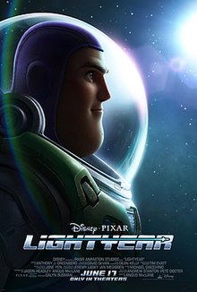 Buzz Lightyear in the space ranger suit sees the outer space on the right. "Lightyear" is written in the bottom middle corner with the release date "June 17" on the bottom.