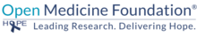 The text "Open Medicine Foundation" written in teal and blue. Below it is written the word "HOPE" with the O replaced by a blue ribbon, and the words, "Leading Research. Delivering Hope."