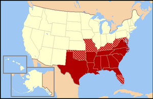 The states in red are almost always included in modern day definitions of the South. Maryland and Missouri are occasionally considered Southern, while Delaware is only rarely considered part of the South. Oklahoma is sometimes considered Southern because the area of Oklahoma, then known as Indian Territory, was allied with the Confederacy. South Florida is rarely considered Southern because of Northern and Latin American influences. West Virginia is considered Southern by many, because it was once part of Virginia..