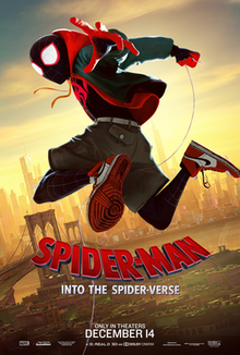 Swinging high over the city, the Brooklyn bridge in the distance, is Miles Morales, in his black and red Spider-Man suit, also wearing a hoodie and shorts and sneakers