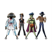 From left to right: James Murphy as a monkey in a karate outfit, 2-D in a black utfit wearing a hat, Murdoc Niccals dribbling a basketball at the waist level, and André 3000 wearing a black mask