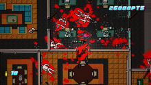 Presented from a top-down angle, a woman wearing a zebra mask shoots a pistol at members of the Russian mafia, dressed up in white suits. Their blood covers the floor and their corpses lie across the area. The points the player has acquired (playing as the zebra mask wearing woman) is presented in the top-right.