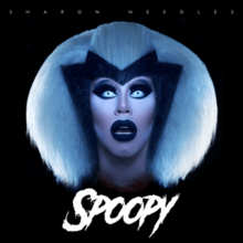 Female-presenting individual with the text "Sharon Needles" above and the text "Spoopy" below