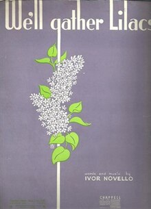 The sheet music cover for We'll Gather Lilacs, featuring a bundle of lilacs in the center of the cover