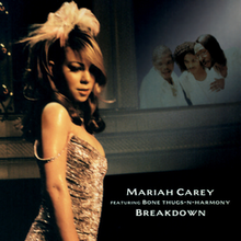 "Breakdown" CD cover showing Mariah Carey in a feather headdress standing in front of a picture of Bone Thugs-n-Harmony on a wall