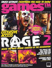 Cover of GamesTM magazine showing the montage illustration of video game Rage 2