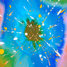 The digital single cover artwork to "Life". It consists of abstract bright colors, scattered with yellow and white dots and lines.