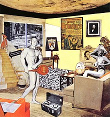 A collage of many different styles shows a mostly naked man and woman in a house.