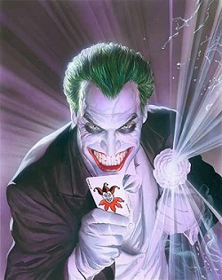 The perspective of Batman seated at a card table, drawing three Joker cards while looking at three Jokers before him.