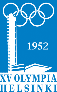 A soild blue background is intruded on its left side by a structure, shaded in white, representing the tower and stand of the Helsinki Olympic Stadium. The Olympic rings, also white, lie at the top of the blue background, partly obscured by the stadium's tower. The word "1952" is written in white in the middle of the blue background, while "XV Olympia Helsinki" is written in blue, beneath the image.