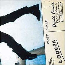 Two crooked legs appear from the left with a post card reading "David Bowie" and "Lodger" on the right.