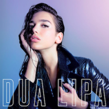 Dua Lipa wearing a scaled jacket, resting her head on her hand with wet hair over a blue-purple background. Her name and the album's title appear at the bottom in big block white letters.