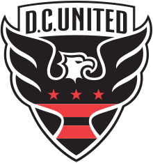 A shield with stylized black eagle facing right with three red stars and two red strips across its chest, and the words "D.C. UNITED above."