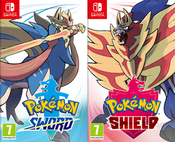 Pokémon Swordin ja Shieldin kansikuvat. Kuvissa on Pokémon-hahmot Zacian ja Zamazenta.