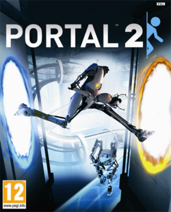 Portal 2:n kansikuvan eurooppalainen versio. Kansikuva esittelee yhteistyökampanjan robotit, Atlaksen (alla) ja P-bodyn.