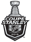 Dessin stylisé de la Coupe Stanley qui surmonte les mots "Les séries éliminatoires de la Coupe Stanley" et "LNH 2015"