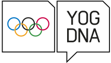 Ancien logo des JOJ composé des anneaux olympiques dans un carré et d'une bulle avec la mention en anglais YOG DNA