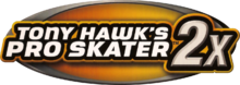 Logo de la version Xbox intitulée Tony Hawk's Pro Skater 2X. La photo représente une forme ovale de couleur orangée en fond ; au premier-plan est inscrit le titre du jeu sur deux lignes. Le titre dépasse légèrement de la planche.