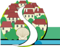 Logo du village de Sainte-Suzanne avec la coquille de Compostelle et le pont sur le Laà.