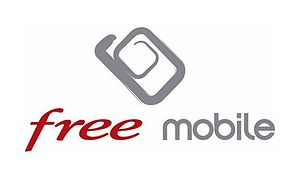 en haut, un téléphone stylisé, et en dessous le logo "free" écrit en rouge, et l'adjectif "mobile" accolé, de couleur grise, dans une police très arrondis