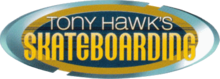 Logo du jeu Tony Hawk's Skateboarding. La photo représente une forme ovale de couleur bleu et grise en fond et au premier plan le titre du jeu sur deux lignes.