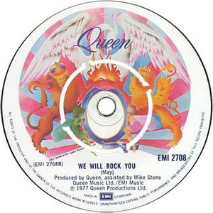 «We Will Rock You» սինգլի շապիկը (Queen, 1977)