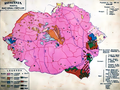 Hartă etnică a Regatului României din 1934. Se observă comunitățile germane (cu albastru) din Basarabia.