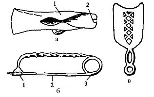 Предметы быта: а — топор с «крыльями» (1 — крылья, 2 — выемка); б — смычковидная фибула (1 — иглодержатель, 2 — игла, 3 — пружина); в — обоюдоострая бритва