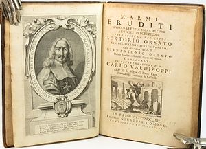 Книга "Marmi eruditi ovvero Lettere sopra alcune antiche inscrizioni, opera postuma del conte Sertorio Orsato" с портретом Серторио Орсато. 1719 г.