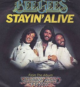 Обложка сингла Bee Gees «Stayin’ Alive» (1977)