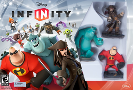 Коробка и фигурки персонажей Disney Infinity, идущие в стартовом наборе игры; Капитан Джек Воробей, Мистер Исключительный, и Джеймс Пи «Салли» Салливан.