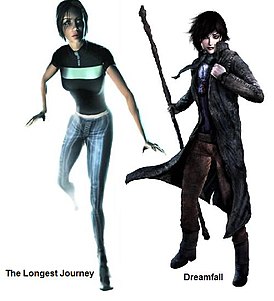 Эйприл Райан в The Longest Journey (слева) и в Dreamfall: The Longest Journey