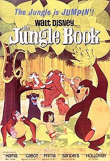 Drawing of a jungle. A boy wearing a red loincloth walks holding hands with a bear which holds a bunch of bananas above his head, while an orangutan follows them and a black panther watches them from behind a bush. A tiger lies on the branch of a tree while a snake comes from the leaves above. In the background, three elephants. At the top of the image, the tagline "The Jungle is Jumpin'!" and the title "Walt Disney The Jungle Book". At the bottom, the names of the main voice actors and the characters they play.