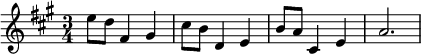 \relative { \clef treble \key a \major \time 3/4 e''8 d8 fis,4 gis4 cis8 b8 d,4 e4 b'8 a8 cis,4 e a2. }