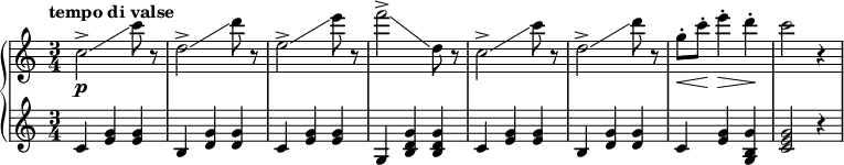 
\new PianoStaff <<
  \new Staff = "right" \with {
    midiInstrument = "acoustic grand"
  } \relative c'' {
    \key c \major
    \numericTimeSignature
    \time 3/4
    \tempo "tempo di valse"
    c2->\glissando\p c'8 r
    d,2->\glissando d'8 r
    e,2->\glissando e'8 r
    f2->\glissando d,8 r
    c2->\glissando c'8 r
    d,2->\glissando d'8 r
    g,8\<-. c\!-. e4\>-. d\!-.
    c2 r4
  }
  \new Staff = "left" \with {
    midiInstrument = "acoustic grand"
  } {
    \relative c' {
      \key c \major
      \numericTimeSignature
      \time 3/4
      \tempo "tempo di valse"
      c4 <e g> <e g>
      b <d g> <d g>
      c <e g> <e g>
      g, <b d g> <b d g>
      c <e g> <e g>
      b <d g> <d g>
      c <e g> <g, b g'>
      <c e g>2 r4
    }
  }
>>
