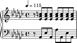  {
\new PianoStaff <<
\new Staff { \tempo 4=115 \clef violin \key es \minor \time 4/4 { r8 <es' aes' c''>8 <es' aes' c''>8 <es' aes' c''>8 <es' aes' c''>8 <es' aes' c''>8 <es' aes' c''>8 <es' aes' c''>8 } }
\new Staff { \clef bass \key es \minor \time 4/4 { r8 aes,8 es8 aes,8 aes8 aes,8 es8 aes,8} }
>> }