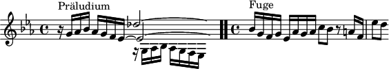 
\version "2.18.2"
\header {
  tagline = ##f
}

\score {
  \new Staff \with {

  }
<<
  \relative c' {
    \key ees \major
    \time 4/4

     %% INCIPIT CBT I-17, BWV 852, mi-bémol majeur
     << { s8*0^\markup{Präludium} s2 des'2~ \hideNotes des8} \\ { s2 r16 g,,16 aes bes aes[ g f ees] } \\ { bes''16\rest g16 aes bes aes g f ees~ \once \override Staff.TimeSignature #'stencil = ##f \time 9/8 ees2~ \hideNotes ees8 } >> \bar ".."
     \time 4/4 \partial 1
     s4*0^\markup{Fuge} bes'16 g f g ees aes g aes c8 bes r8 a16 f ees'8[ d]

  }
>>
  \layout {
     \context { \Score \remove "Metronome_mark_engraver" 
     \override SpacingSpanner.common-shortest-duration = #(ly:make-moment 1/2) 
       }
  }
  \midi {}
}
