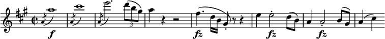  \relative a' {
\key a \major \time 2/2
\slurUp \acciaccatura a8 a'1 \f | \slurUp \acciaccatura a,8 cis'1
\slurUp \acciaccatura a,8 e''2. \times 2/3 { d8( b gis) } | a4 r r2
fis4.( \fz d16 b gis8-.) r r4 | e'4 e2-. \fz d8( b) | a4 a2-. \fz b8( gis) | a4( cis)
} 