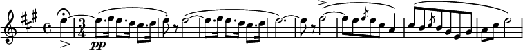 
\relative c'' {
\set Staff.midiInstrument = #"string ensemble 1"
\set Score.tempoHideNote = ##t \tempo 4 = 120
\time 4/4
  \set Score.barNumberVisibility = #all-bar-numbers-visible
  \override TupletBracket #'stencil = ##f
  \set Score.currentBarNumber = #1
  \key a\major
  % Permit first bar number to be printed
  \partial 4

e4\fermata\>~|\time 3/4 e8.\pp( fis16 e8. d16 cis8. d16 | e8-.) r e2(~| e8. fis16 e8. d16 cis8. d16 |e2.~)  |e8 r fis2->~(| fis8 e \slashedGrace fis8 e cis a4) | cis8( b \slashedGrace cis8 b gis e gis a cis e2)
}
