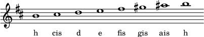 
\relative c''{
\key h \minor
\override Staff.TimeSignature #'stencil = ##f
\cadenzaOn h1 cis d e fis gis ais h \cadenzaOff
}
\addlyrics { \small {
h cis d e fis gis ais h
} }
