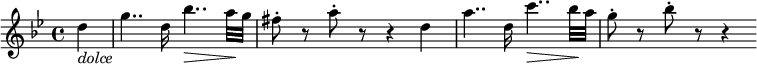  { \relative d'' { \key g \minor \time 4/4
\partial 4 d4 _\markup { \italic "dolce" } | g4.. d16 bes'4.. \> a32 \! g | fis8-. r a-. r r4 d,4 |
a'4.. d,16 c'4.. \> bes32 \! a | g8-. r bes-. r r4 }} 