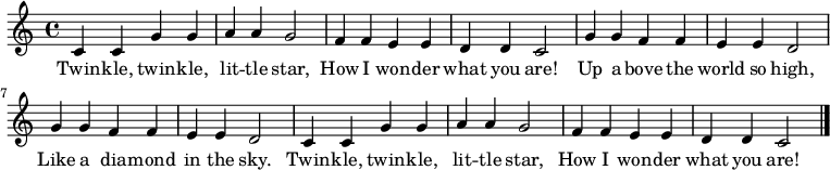 
\relative c'{
  c4 c4 g'4 g4 | a4 a4 g2 | f4 f4 e4 e4 | d4 d4 c2 |

  g'4 g4 f4 f4 | e4 e4 d2 | g4 g4 f4 f4 | e4 e4 d2 |

  c4 c4 g'4 g4 | a4 a4 g2 | f4 f4 e4 e4 | d4 d4 c2 |\bar "|."
}
\addlyrics {
  Twin -- kle, twin -- kle, | lit -- tle star, |
  How I won -- der | what you are! |
  Up a -- bove the world so high, |
  Like a dia -- mond in the sky. |
  Twin -- kle, twin -- kle, | lit -- tle star, |
  How I won -- der | what you are! |
}
