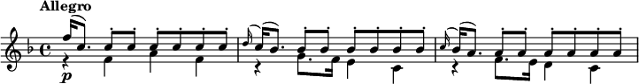 
\new Staff <<
  \new Voice \relative c'' {
    \tempo "Allegro"
    \key f \major
    \voiceOne
    f16(\p c8.) \repeat unfold 6 { c8-. } |
    \appoggiatura d16 c( bes8.) \repeat unfold 6 { bes8-. } |
    \appoggiatura c16 bes( a8.) \repeat unfold 6 { a8-. } |
  }
  \new Voice \relative c' {
    \voiceTwo
    r4 f a f |
    r4 g8. f16 e4 c |
    r4 f8. e16 d4 c |
  }
>>
