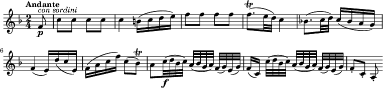 
\relative c'' {
  \version "2.18.2"
  \key f \major
  \tempo "Andante"
  \tempo 4 = 50
  \time 2/4
 \partial 4 \partial 8 f,8\p^\markup {\italic {con sordini}} c' c c c
 c4 b16 (c d e ) 
  f8 f f f
  f8.\trill (e32 d) c4
  bes!8. (c32 d) c16 (bes a g)
  f4 (e16) d' (c e,)
  f (a c f) c8 (bes\trill)
  a8 c32\f (d bes c) a [(bes g a)] f (g) e (g)
  f16[(c)] c'32 [(d bes c)] a [(bes g a)] f (g) e (g)
  f8-. c-. a-.
}
